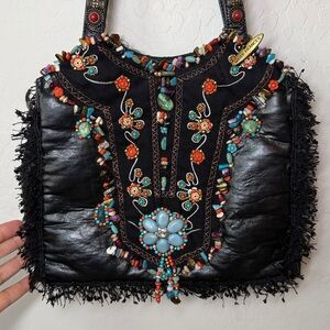 Mary Frances Beaded Fringe Hobo Tote Bag Black Multicolor